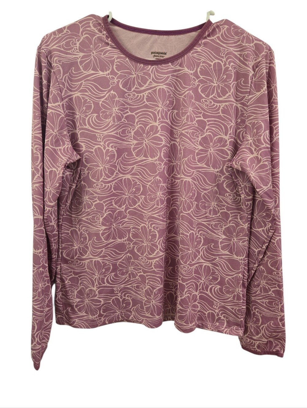 PATAGONIA CAPILENE LONG SLEVE HIBISCUS PRINT. SZ LARGE. PURPLE/ WHITE.